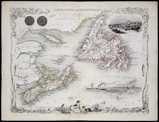 Nova Scotia e Newfoundland, de uma série de mapas do mundo publicados por John Tallis und Co., Nova York e Londres, década de 1850